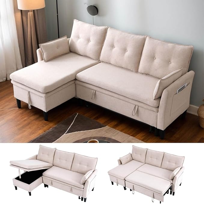 78 L-Shaped Sleeper Sofa Bed Couch 3-Seater Reversible Pull Out Couch Bed with Storage Chaise Lounge Cotton-Linen Pullout Sofabed Sectional Couches for Living Room Apartment Beige