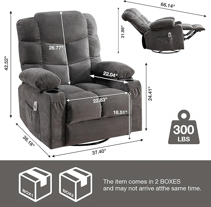 360 Swivel Massage Recliner Chair with 2 Cup Holders Heated &amp Massage Function Adjustable Backrest USB Port &amp 2 Side Pockets for Adults (Grey)