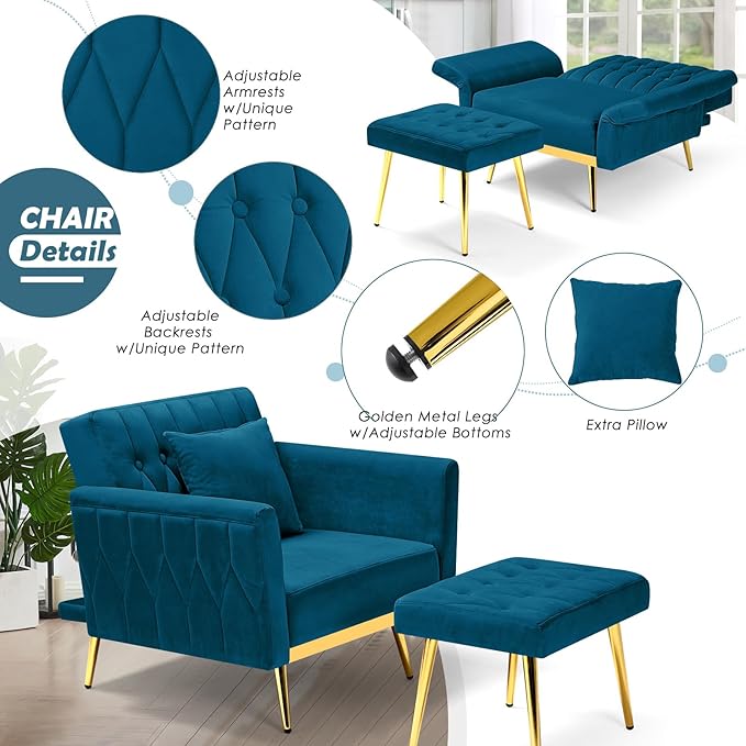 Velvet Accent Chair with Adjustable Backrest and Armrests Single Recliner Armchair with Ottoman and Golden Mental Legs for Living Room Bedroom and Waiting Room Teal