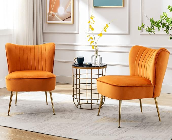 Orange Velvet Accent Chairs Set of 2 with Golden Legs Upholstered Side Chairs Mid-Century Modern Slipper Chairs for Guest Room Comfy Armless Wingback Corner Single Sofa Living Room Chairs