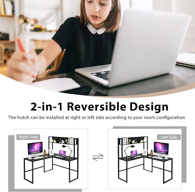 Tangkula Reversible L-Shaped Desk with Hutch Space Saving Corner Computer Desk with Storage Shelves Home Office Study Writing Desk Computer Workstation with Storage Bookshelf Gaming Desk