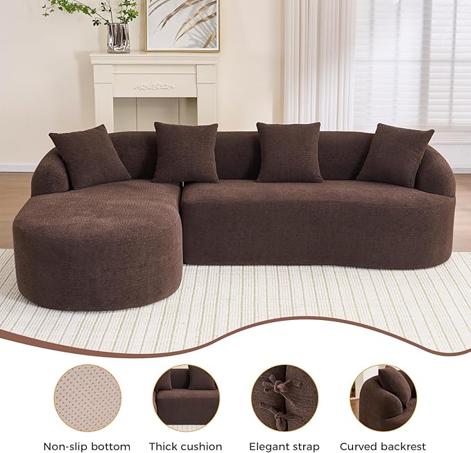 98.8 Curved Sectional Sofa with ChaiseL-Shape Sofa Lounge ChaiseBoneless Couch L Shape for Living RoomWood Grain Chenille FabricNo Installation Requirement