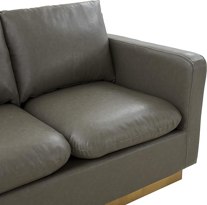 LeisureMod Nervo Modern Upholstered Leather Loveseat Sofa 2-Seater Living Room Couch with Gold Metal Base and Removable Cushions Small Space Furniture for Living Room Office Waiting Area Grey
