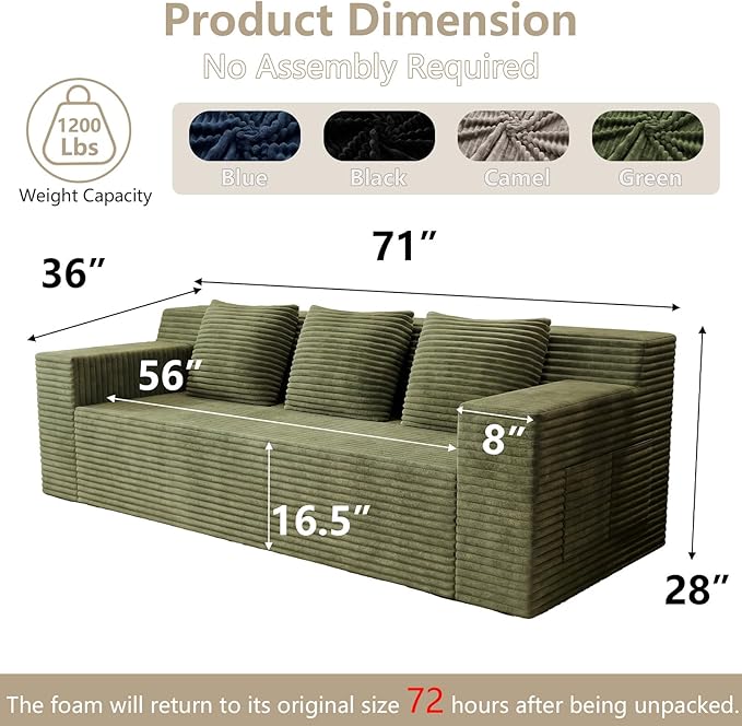 71 Small Couches for Small Spaces Memory Foam Cloud loveseat Corduroy Couch in a Box Compressed Boneless Sofa for Living Room Bedroom Apartment Furniture No Assembly Required Green