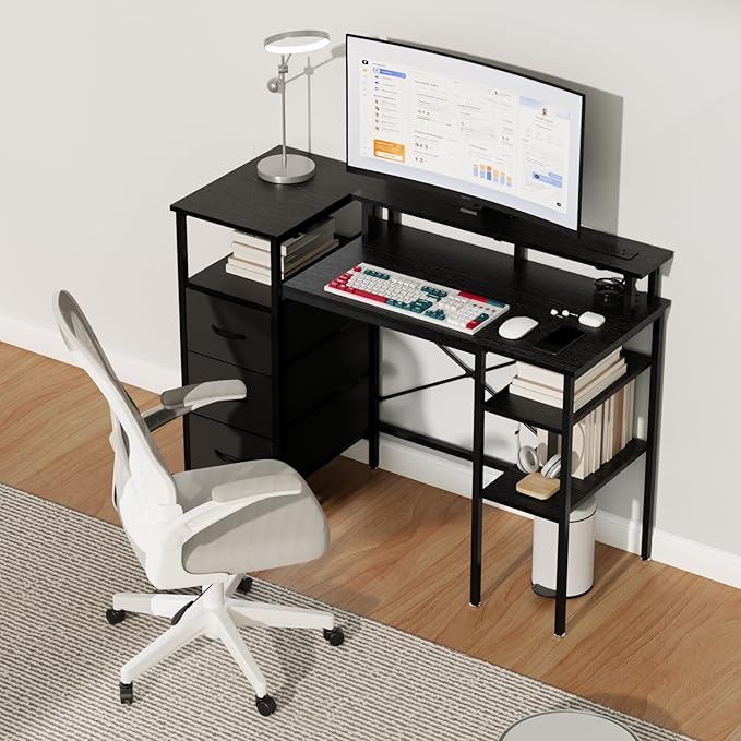 VINGLI 47 Inch L-Shaped Computer Desk Small Computer Gaming Desk with Fabric Drawers &amp Storage Shelves Charging Station Monitor Stand for Home Office Black
