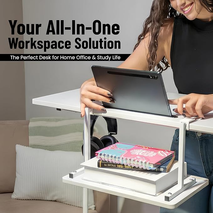 Model 2026 Adjustable Height Rolling Desk With Wheels Portable Compact Laptop Table Mobile Workstation For Study Office Small Space Standing Desk Ergonomic Writing Surface Modern Home Furniture White