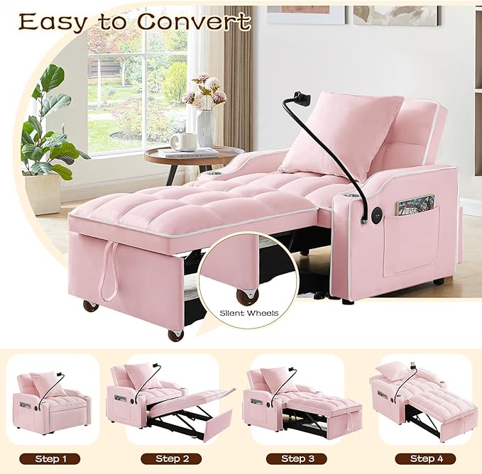 KINFFICT Sleeper Sofa Chair Bed Convertible 3-in-1 Sofa Armchair Adjustable Sleeper with Pullout Bed Single Lounger Futon with Side Pockets for Living Room (Pink)
