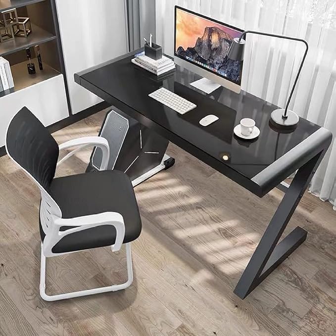 Tempered Glass Computer Desk Modern Design Student Writing Desk Study Desk Home Office Desk Gaming Desk Personal Workstation with Z-Shaped Metal Frame(39 Inch Black)
