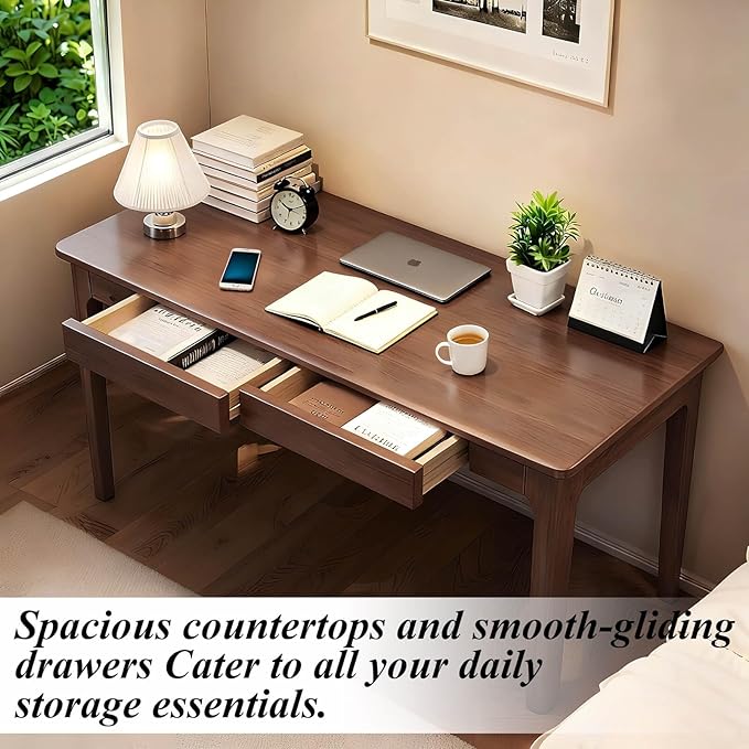 Solid Wood Desk40 Oak Wooden Desk with DrawersMid Century Modern Small Computer Desk with Drawers for Small Spaces Home Office Solid Wood Writing Desk (Walnut Color-2 40)