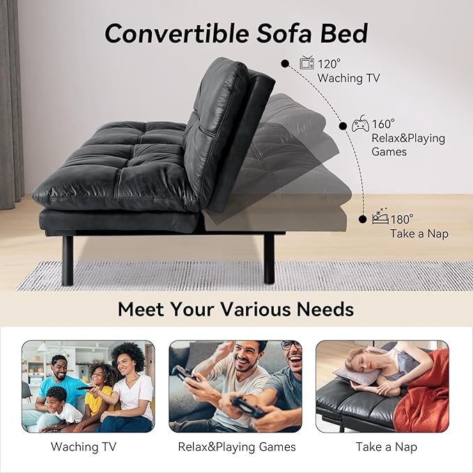 Hcore Convertible Futon Sofa Bed CouchMemory Foam Futon Couch BedLoveseat Sleeper Sofa BedSmall Splitback Faux Leather Modern Sofa Couch for Living RoomOfficeApartmentMatte Black