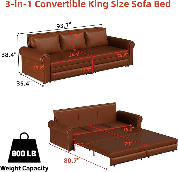 JOYBASE Pull Out Sofa Bed King-Size Convertible Sleeper Sofa Modern 3-Seater Faux Leather Couch with Nailhead for Living Room Office Apartment (Light Brown)