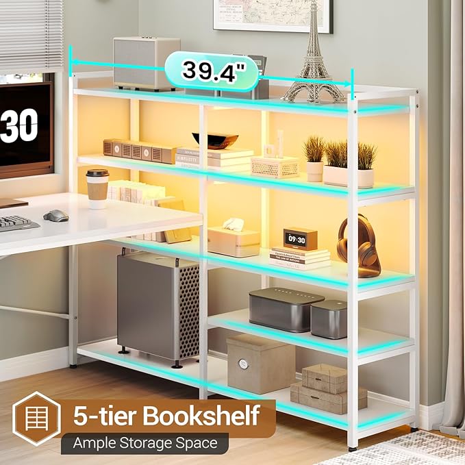 SEDETA L Shaped Office Desk with Drawers 64.5 Reversible Computer Desk with Storage Shelves and Power Outlet Corner Gaming Desk with LED Strip for Home Office White