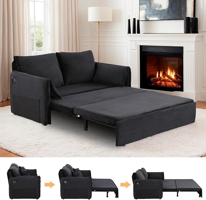 3 in 1 Sleeper Sofa Couch Bed Pull Out Couch Bed Oversized Loveseat Sofa Bed with Padded Armrest Upholstered Cloud Couch Sectional for Living Room (Corduroy Black)