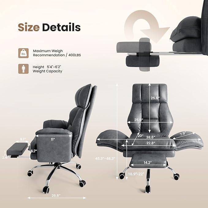 Big and Tall Office Chair Flip Armrests for Pets &amp Cross Legged Sitting Executive Ergonomic Computer Gaming Chair with Foot Rest Premium Tech Fabric Wide Seat Reclining Desk Chair