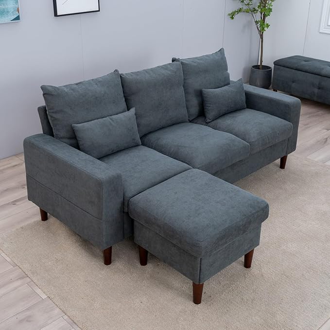 Panana 3-Seat Sofa Couch with Reversible Back Cushions Modern Fabric Sofa 3 Seater Couch for Small Apartment (Grey 3 Seater with Ottoman Stool)