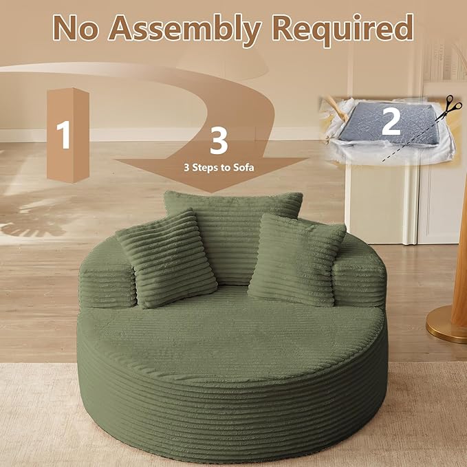 Oversized Round Chair Lounge Chaise Indoor Upholstered Corduroy Deep Seat Cloud Large Circle Sofa Chair No Assembly Required Fluffy Modern Sleeper Sofa Bed for Reading Living Room Bedroom Green