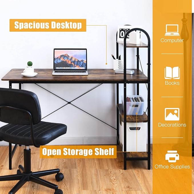 Tangkula 48-Inch Reversible Computer Desk with Storage Shelves Home Office Study Writing Desk with Bookshelves Writing Computer Workstation Home Office Desk (Rustic Brown)