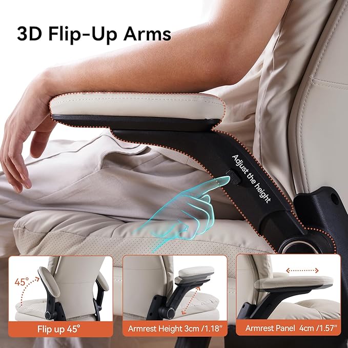 LEAGOO Ergonomic Executive Office Chair Mid Back Comfy Desk Chairs with 3D Padded Flip-up Arms Faux Leather Computer Rolling Chair with Wheels for Home Adjustable Height 300lbs Beige