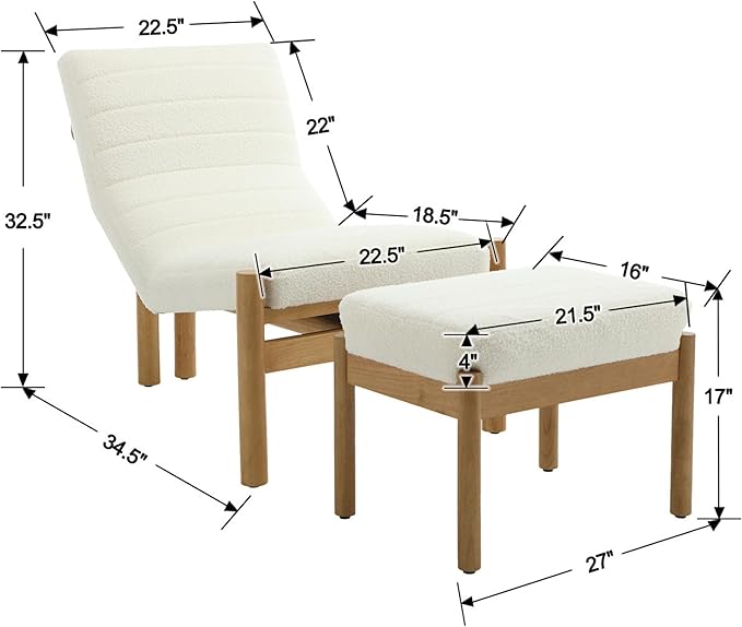 EALSON Modern Accent Chair with Ottoman White Boucle Upholstered Seater with High Backs Unique Design Wood Frame Armless for Living Room/Bedroom Reading/Office Use