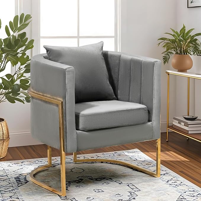 Velvet Modern Accent Chair Upholstered Barrel Armchair Mid Century with Pillow for Living Room Comfy Single Vanity Chair with Metal Gold Legs for Bedroom Grey