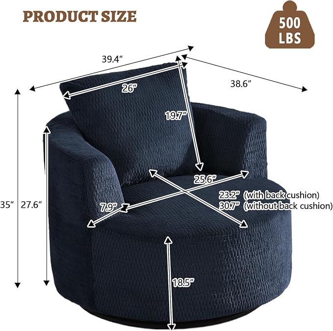39.4 Wide Swivel Accent Chair Modern 360° Rotating Barrel Chair with Metal Base Club Single Sofa Chenille Armchair for Living Room Bedroom Reading Room Office (Dark Blue)