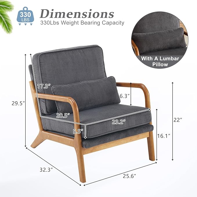 VINGLI Upgraded Premium Corduroy Accent ChairUpholstered Arm ChairSolid Wood Comfy Reading Chair with Lumbar Pillow Mid Century Modern Chairs for Living RoomBedroomDark Grey