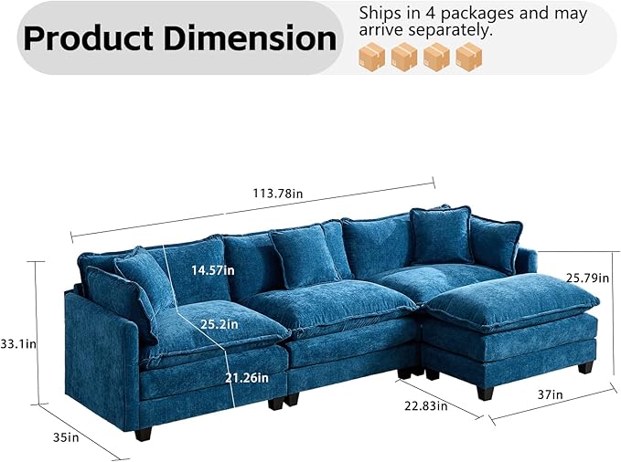 113.78 Modular Cloud Couch Sectional L Shaped Modular Sectional Sofa with Movable Ottoman and Throw Pillows Comfy Chenille Fabric Deep Seat Cloud Sofa Couches for Living Room (Blue3-Seater)