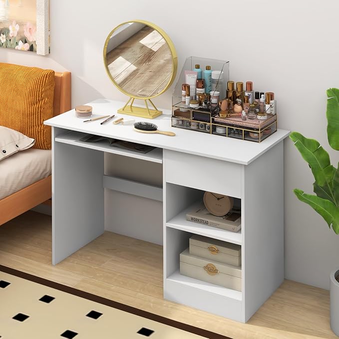 Computer Desk with Drawers Modern Office Desk with Keyboard Tray and Open Storage Shelf Study Table for Kids White Home Office Desks Small Desk for Bedroom Living Room Study (White)