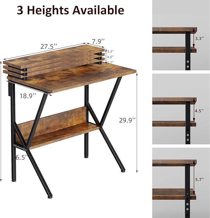 COTUBLR Small Desk 27.5 Inch Small Computer Desk for Small Spaces Computer Desk with Adjustable Monitor Stand Compact Desk with Storage Tiny Desk Study Desk for Bedroom Home Office Rustic Brown
