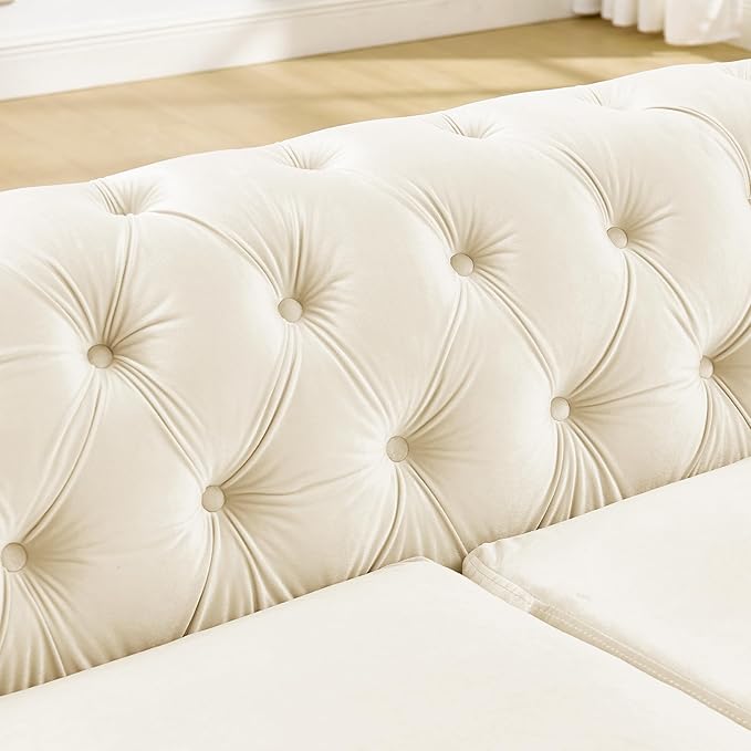 KEIKI 63 Luxury Oversized Velvet Chesterfield Sofa with 2 Pillow &amp Gold Stainless Decoration Italian Modern Style 2-Seater Button Tufted Couch with Rolled Arms Easy Assembly for Living Room B