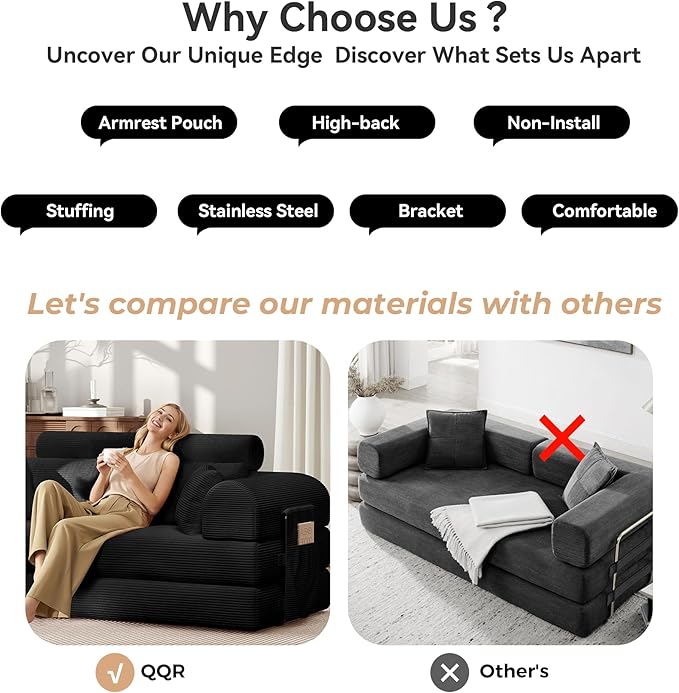 Upgrade High Backrest Design Sofa Bed with Fixed-Shape Frame &amp Removable Armrests and Backrest Corduroy Fabric Convertible Mattress Couch for Small Spaces - No Assembly Needed (High Backrest Bla