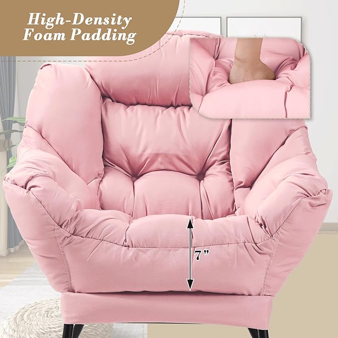 Athena Collection Lazy Lounge Chair with Ottoman Modern Soft Reading Arm Chair for Adults Comfy Sofa Armchair with Footrest and Side Pocket for Corner Living Room Bedroom Small Space Pink