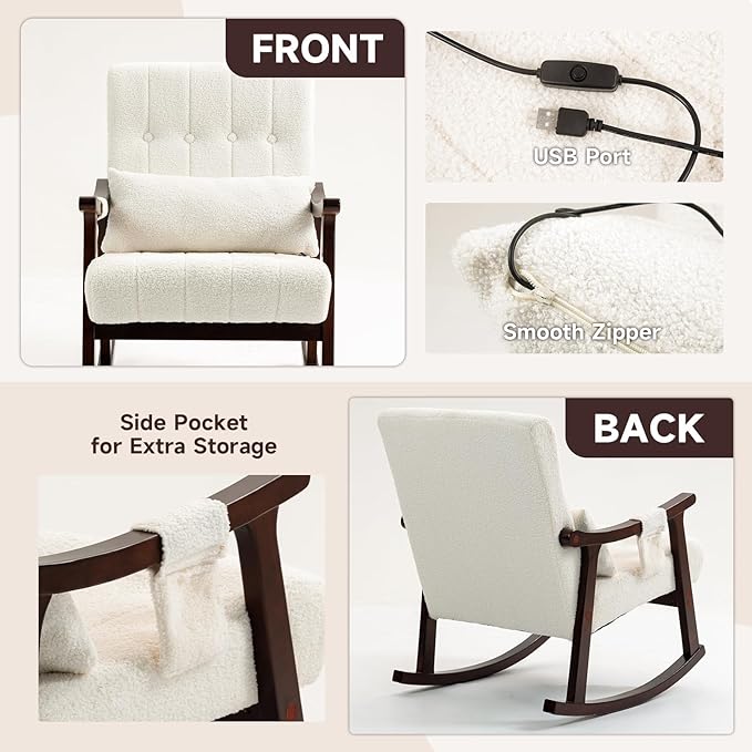 AVAWING Teddy Upholstered Rocking Chair Set of 2 Small Glider Rocker with 2-Point Massage Lumbar Pillow and Solid Wood Legs for Nursery and Living Room White