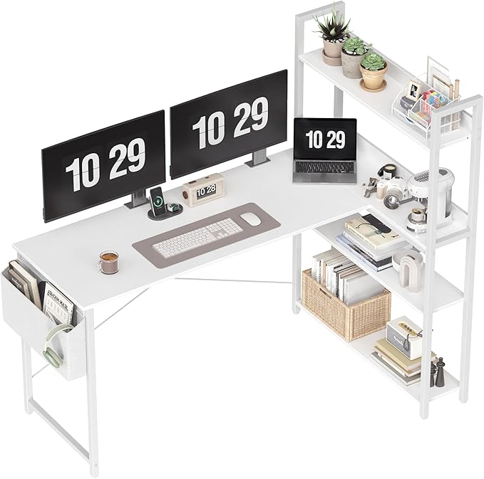 Treesland 55 Inch Computer Desk with Bookshelf Corner Desk with Storage L Shaped Desk Home Office Desks Writing Study Desk for Bedroom White