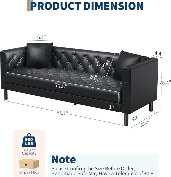 GarveeHome 78 Leather Couch for Living Room Button-Tufted 3 Seater Sofa with 2 Pillows and Deep Seat Modern Mid-Century Leather Sofa for Apartment Office