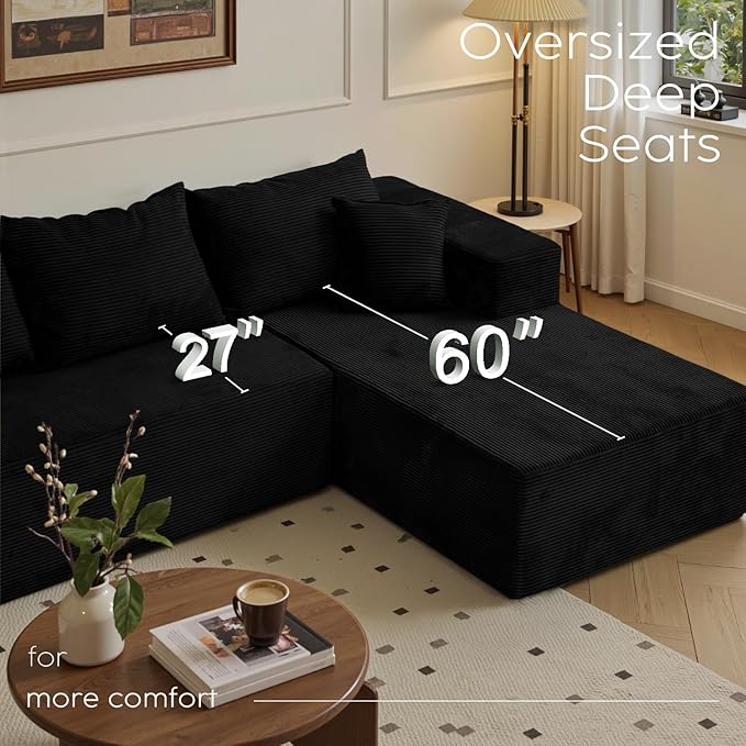 Black 103“ Cloud Couch Sectional Sofa in Box with L-Shape ChaiseModern Modular Couches Upholstered with Deep Seat for Living RoomNo Assembly Required