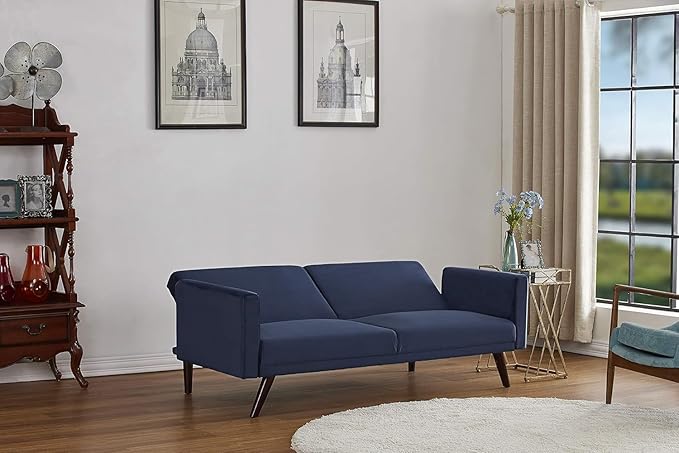 72 Retro Velvet Sofa Bed - Vintage Modern Convertible Futon w/Reclining Backrest - Velvet Upholstery on Solid Wood Frame (72 L x 34.6 W x 30.23 H) Dark Blue