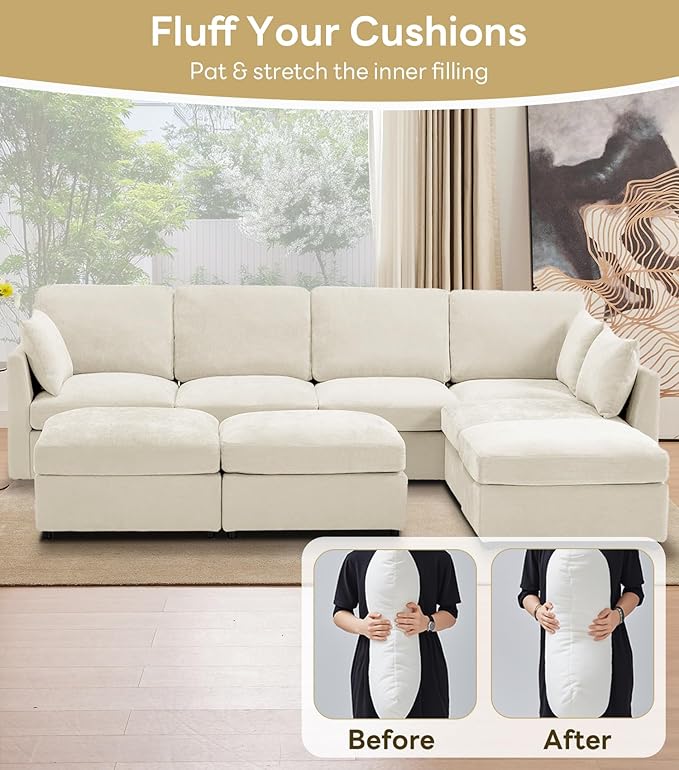 Tbfit L Shaped Couch 8 Seat Sectional Sofa for Living RoomChenille Cloud Couch with Ottoman Beige