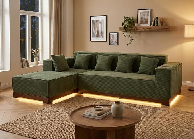 LIKIMIO 110” L-Shaped Sofa with LED Lights Cloud Boneless Couch with Oversized Chaise Deep Seat Built-in Holder &amp Storage Pocket Upholstered Couches for Living Room and Apartment Green