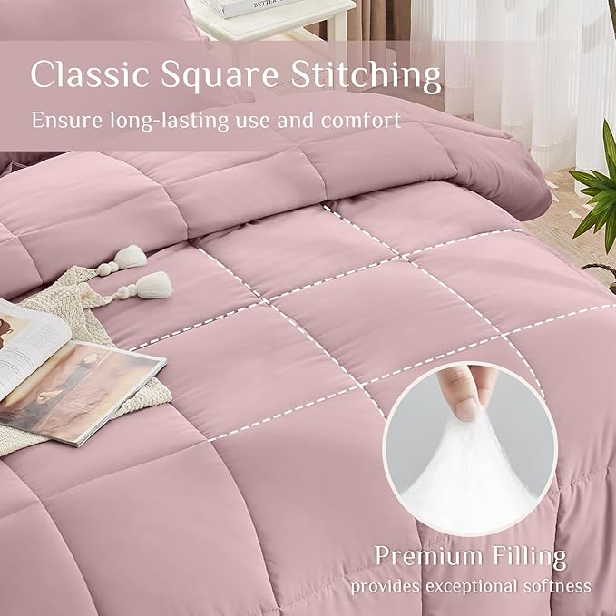 JOLLYVOGUE Queen Comforter Set Ultra-Soft Bed in a Bag Queen Size 7 Pieces Oeko-TEX Certified Bedding Set with Down Alternative Comforter Sheets Pillowcases &amp Shams Camio Pink