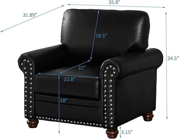 Harper &amp Bright Designs Sofa Chair Single Seat Chair with Wood Leg Nails Decoration Faux Leather Armchair for Living Room Bedroom Small Space (Black)