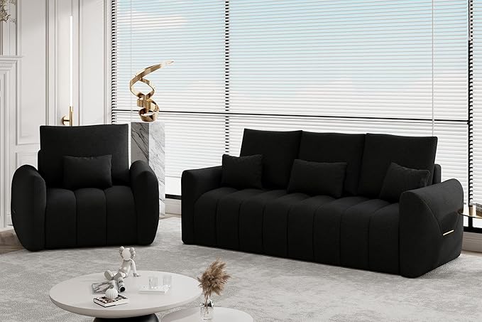 2 Piece Cloud Couch and Chair Set for Living Room Comfy Plush Teddy Sectional 3-Seater Couches with Pillows and Back Cushions Modern Deep Seat Oversized Sofa for Bedroom Apartment Black