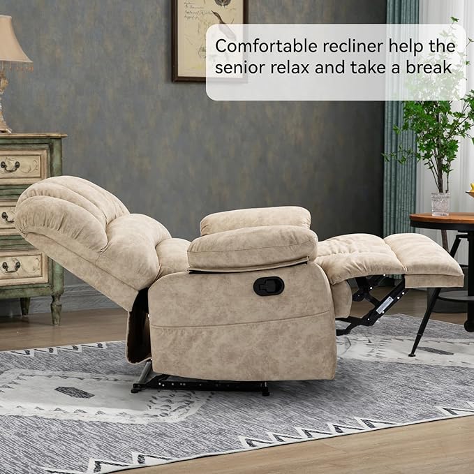 Manual Recliner Chair with Adjustable Recline for Living Room Oversized Lazyboy Recliner Chairs with Overstuffed Arm &amp Back Comfy Soft Fabric Lounge Single Sofa for Adults (Beige)