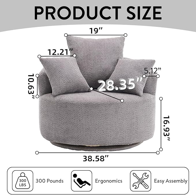 Oversized Swivel Accent Barrel Chair Comfy Deep Seat Round Single Sofa with Pillows Oversized Swivel Round Armchair Full Sponge Compression Chair for Living Room Bedroom (Grey 38 inch)