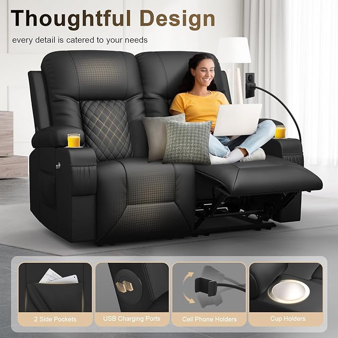 YONISEE Loveseat Recliner Loveseat Recliner Sofa with Storage Recliner Chair with USB Ports 2 Cell Phone Holders Cup Holder Loveseat Couch for Living Room Home Theater Seating