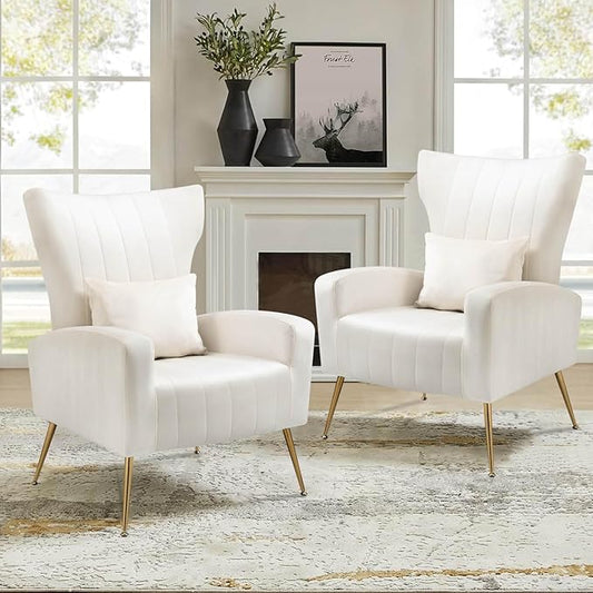 Velvet Accent Chairs Set of 2 Modern Living Room Chair with Gold Legs &amp Pillow Bedroom Side Chair with High Wingback White
