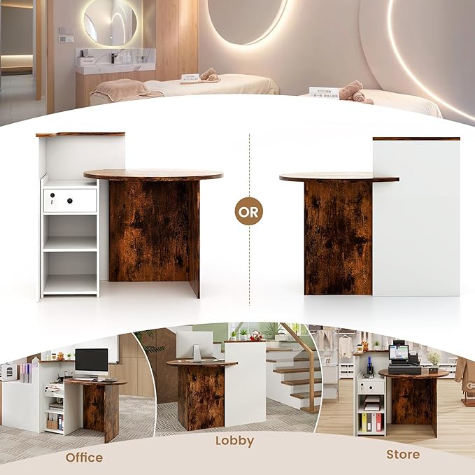 Reception Desk Small Retail Checkout Counter with Lockable Drawer and Open Shelves Wooden Computer Workstation for Home Office Lobby White Oval Desktop &amp Brown Counter
