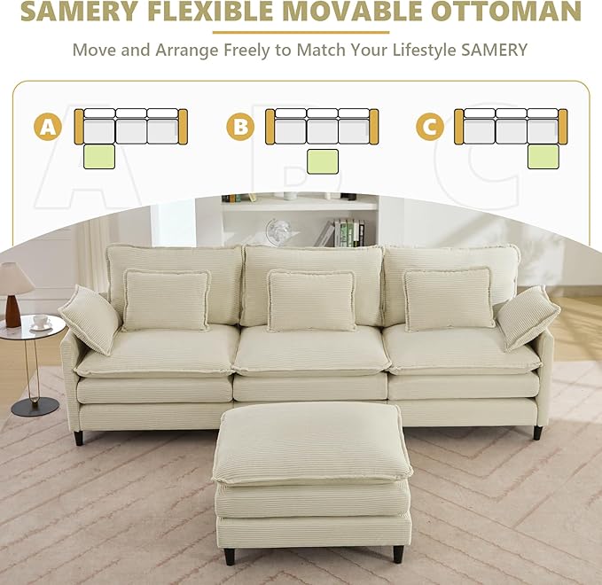 SAMERY 113 Modular Sectional Sofa Comfy Cloud Couch with Movable Ottoman Pillows Deep Seat Corduroy Modular Sofa L Shaped Cloud Sectional Couches for Living Room Bedroom Apartment Beige