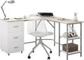 Techni Mobili L Shaped Desk - Two-Toned Computer Desk with Drawers &amp Storage Shelves - Simple Modern Furniture &amp Home Office Space Corner Table for Work &amp Writing