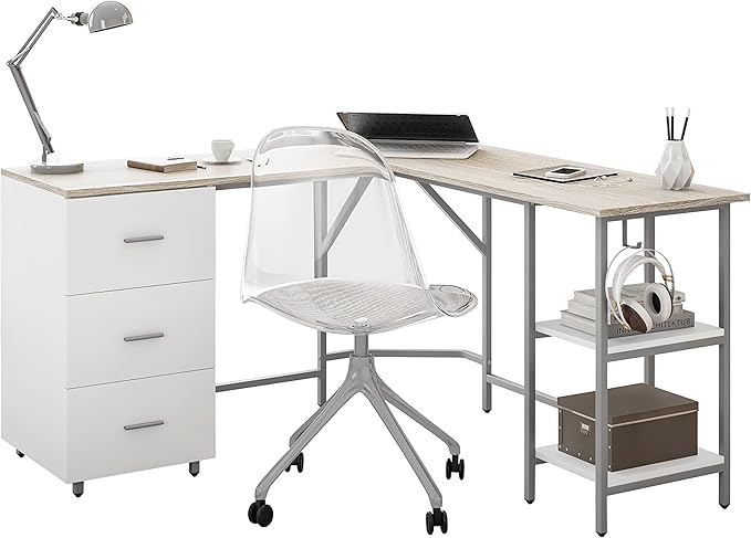 Techni Mobili L Shaped Desk - Two-Toned Computer Desk with Drawers &amp Storage Shelves - Simple Modern Furniture &amp Home Office Space Corner Table for Work &amp Writing